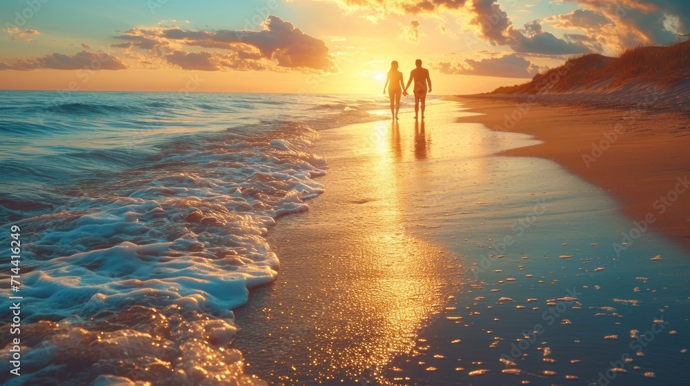 Poster a couple of people walking along a beach next to a body of water with the sun setting in the sky abo