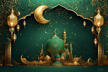golden lantern arabic green Islamic design background. Universal ramadan kareem banner background with lantern, moon, islamic pattern, mosque and abstract luxury islamic elements 