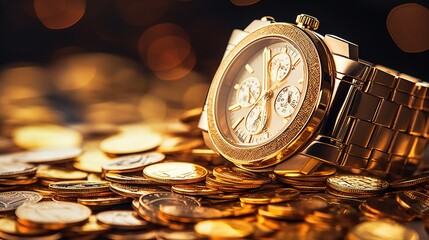 A pile of gold coins with a wrist watch on top of it - obrazy, fototapety, plakaty