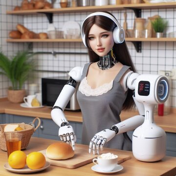 A female robot is working in the kitchen 