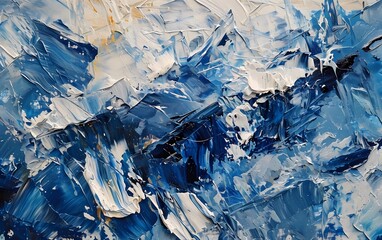 Close-up abstract painting combining blue and white in an impasto style