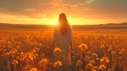 Foto op Canvas  a woman standing in a field of flowers with the sun setting behind her and her long hair blowing in the wind and the sun shining through the clouds above her. © Anna