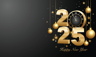 Happy new year 2025. 3d gold numbers with golden Christmas decoration and confetti on dark  background. Holiday greeting card design.