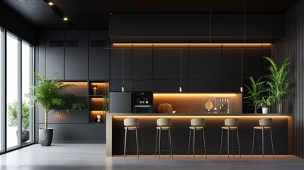 Foto op Plexiglas 3d rendering of modern kitchen island with high end lighting © Kien