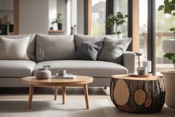 Scandinavian interior home design of modern living room with gray sofa and rustic wooden round table with home decor