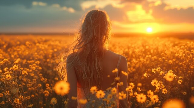  a woman standing in a field of flowers with the sun setting behind her and her hair blowing in the wind, with the sun setting behind her back to the camera.