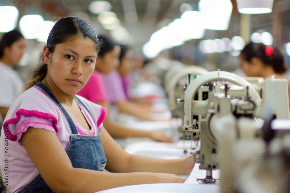 Poster workers at a textile factory. background with selective focus and copy space