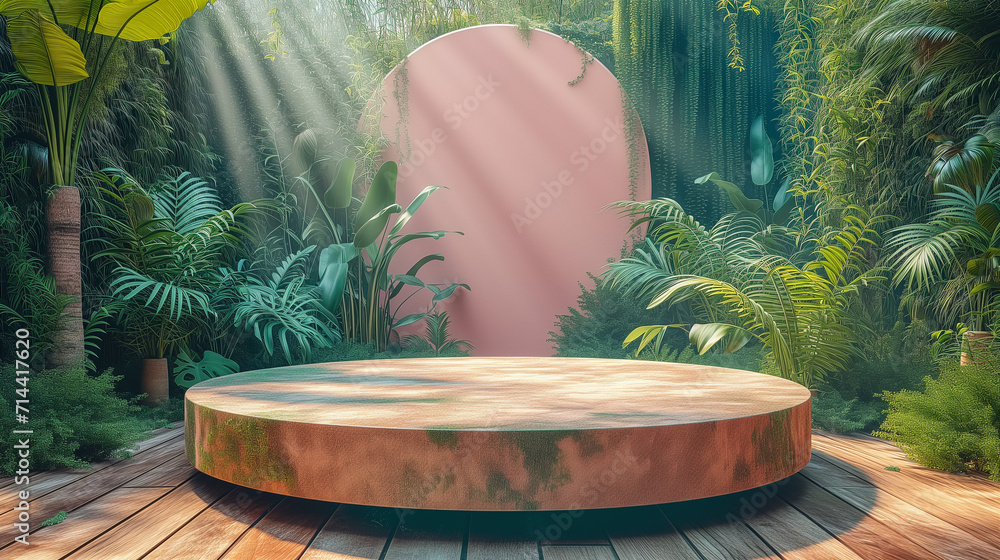 Poster 3d empty product display podium for presentations. sunlit circular stage set within a vibrant tropic