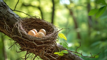 Naklejka na ściany i meble a bird's nest with three eggs in the middle of a tree branch with green leaves on the other side of the nest, on a sunny day in the woods.