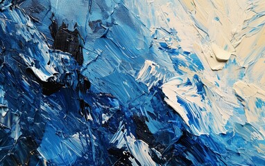 Close-up abstract painting combining blue and white in an impasto style