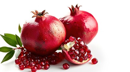  a couple of pomegranates sitting on top of each other on top of a white surface with a green leaf on top of the pomegranate.