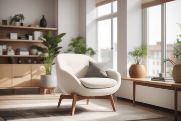 Scandinavian interior home design of modern living room with comfortable lounge chairs and a wooden table with a bookshelf near the window