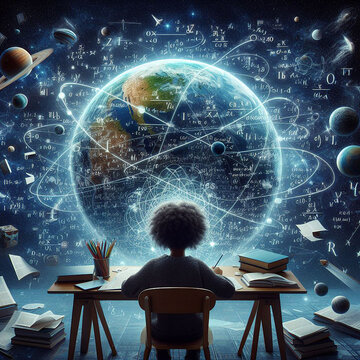 A girl sits in front of his reading table Many scientific calculations are going over his head Ai generated art