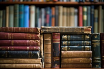Close-up of books on library shelf: education, learning, university study. Generative AI