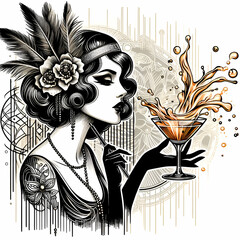 Flapper girl holding cocktail glass with splash. Art deco, 1920 s style vintage invitation template design for drink list, bar menu, glamour event, wedding, jazz party flyer. Vector art.