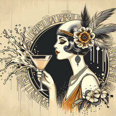 Flapper girl holding cocktail glass with splash. Art deco, 1920 s style vintage invitation template design for drink list, bar menu, glamour event, wedding, jazz party flyer. Vector art. - obrazy, fototapety, plakaty