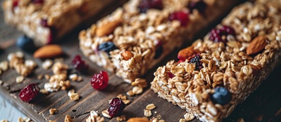 Close-up of nutritious granola bars with nuts and dried berries.