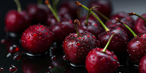 water droplets on red cherries, generative AI