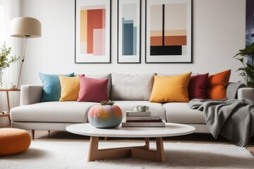 scandinavian interior home design of modern living room with round table and colorful pillow sofa with art poster on white wall