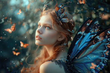 Beautiful fairy with wings in a fantasy magical enchanted forest with butterflies