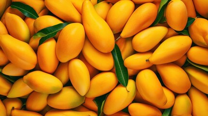 a close up of a bunch of mangoes with leaves on top of them and a green leaf on the side of the pile of mangoes on the top of the pile.