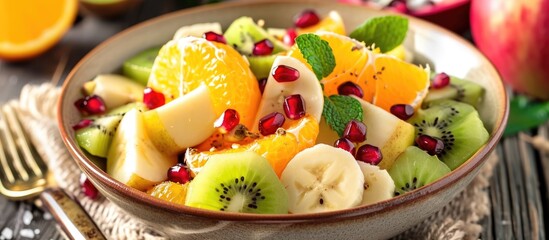 Bowl of fruit salad with orange, kiwi, apple, banana, and pomegranate seed is tasty.