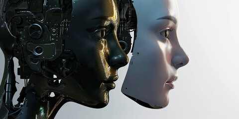 AI artificial intelligence robot head shot face with human head side profile, futuristic integration, generated ai 