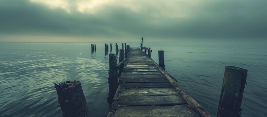 Retro-inspired image of decayed pier in Baltic Sea's Gulf of Riga.