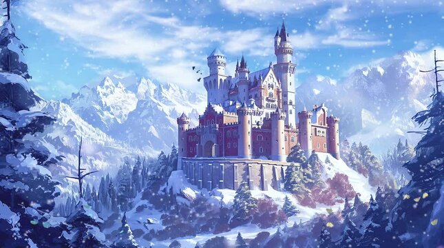 A fairytale castle silhouette on a hill surrounded by fir trees covered in swirling clouds and snow flakes, Seamless looping 4k time-lapse virtual video animation background. Generated AI