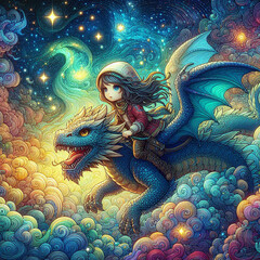 Fototapeta na wymiar Ultra-detailed digital art girl riding a dragon