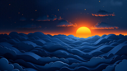 Serenity at Dusk: A Digital Landscape of Stylized Waves and Sunset