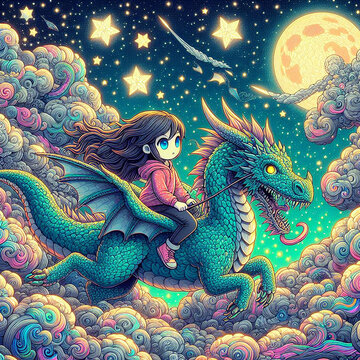 Ultra-detailed digital art girl riding a dragon