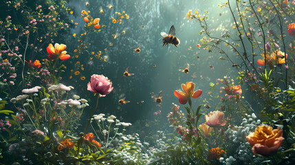Fototapeta na wymiar A garden scene with blooming flowers and buzzing bees