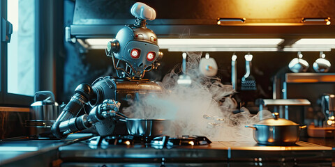 Robot chef cooking, futuristic dystopian kitchen, artificial intelligence cook, preparing food, generated ai