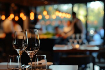 Elegant restaurant setting with blurred background of chefs and diners
