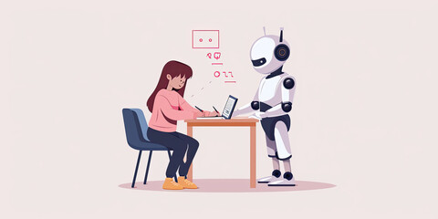 Child learning education homework with robot assistance helping teaching, robots, artificial intelligence, generated ai 