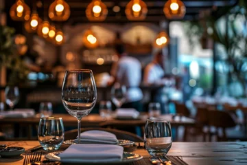 Fotobehang Elegant restaurant setting with blurred background of chefs and diners © ParinApril