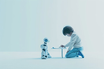 Child learning education homework with robot assistance helping teaching, robots, artificial intelligence, generated ai 
