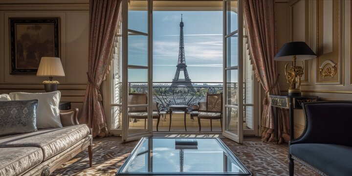 Luxury hotel room with a view of the Eiffel Tower