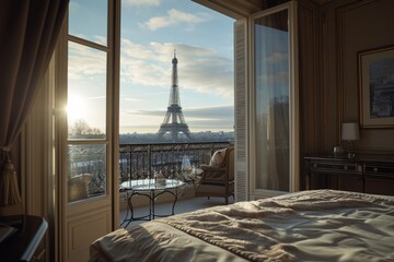 Luxury hotel room with a view of the Eiffel Tower
