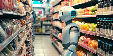 Robot customer assistant isle supermarket groceries, robots, helpful bot, cyborg helping, generated ai
