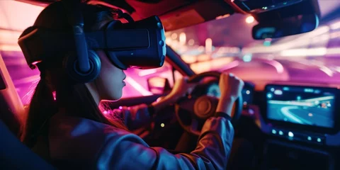Fotobehang Person using virtual reality to simulate driving © ParinApril