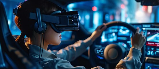 Person using virtual reality to simulate driving - obrazy, fototapety, plakaty