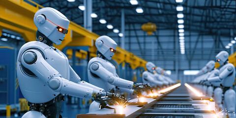 Robot factory production line warehouse operations, artificial intelligence robots, cyborgs, generated ai