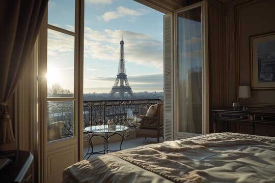 Fototapeta Luxury hotel room with a view of the Eiffel Tower