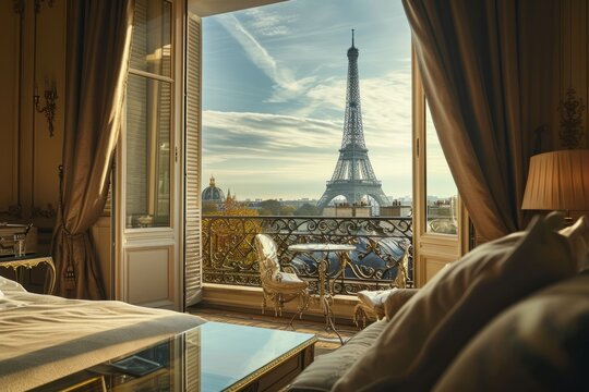 Luxury hotel room with a view of the Eiffel Tower