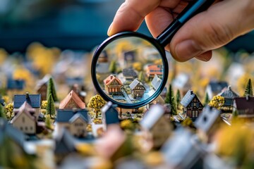Hand using a magnifying glass to inspect miniature houses - obrazy, fototapety, plakaty
