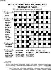Large print quick style criss-coss (or fill-in, else kriss-kross) crossword puzzle game of 15x15 grid. Non-themed, general knowledge family friendly content. Answer included.
