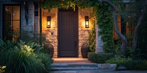 Fototapeta na wymiar Elegant house entrance with warm lighting and natural greenery