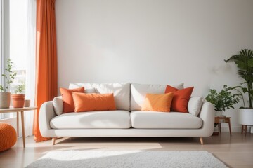 Scandinavian interior home design of modern living room with beige sofa with orange pillows with window and orange curtains